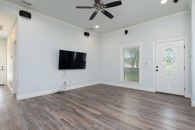 unfurnished living room featuring visible vents, baseboards, recessed lighting, wood finished floors, and a ceiling fan