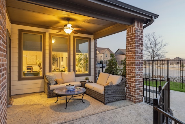 view of patio / terrace with ceiling fan, an outdoor hangout area, and fence