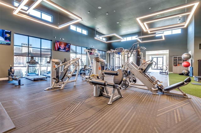 2624 El Camino Ln, Dallas, TX 75212 - exercise room featuring a high ceiling, carpet, and baseboards