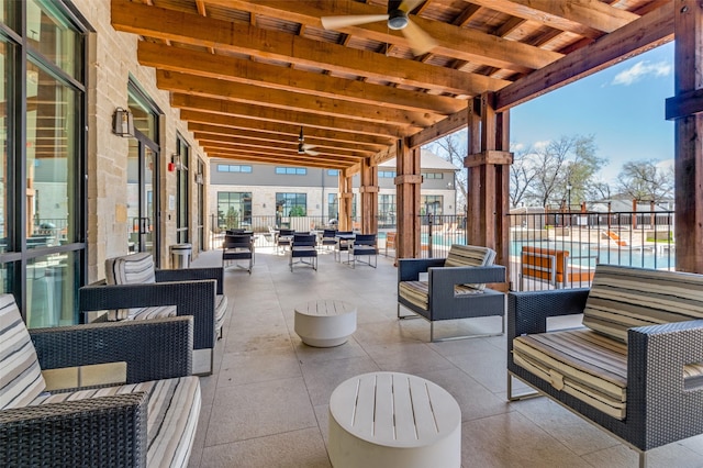2624 El Camino Ln, Dallas, TX 75212 - view of patio / terrace featuring a ceiling fan, a community pool, and fence