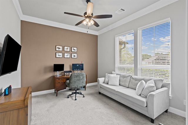 305 Scenic Creek Ct, Reno, TX 76020 - carpeted home office featuring ceiling fan, crown molding, and baseboards