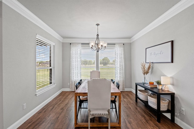305 Scenic Creek Ct, Reno, TX 76020 - dining area with healthy amount of natural light, a chandelier, ornamental molding, and dark wood-style flooring