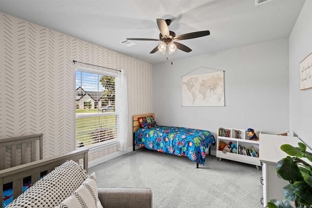 305 Scenic Creek Ct, Reno, TX 76020 - bedroom featuring wallpapered walls, carpet floors, and ceiling fan