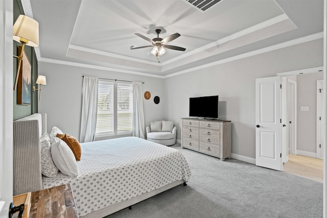 305 Scenic Creek Ct, Reno, TX 76020 - bedroom with a tray ceiling, crown molding, light carpet, ceiling fan, and baseboards