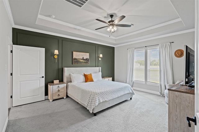 305 Scenic Creek Ct, Reno, TX 76020 - bedroom with a tray ceiling, carpet, crown molding, a ceiling fan, and baseboards