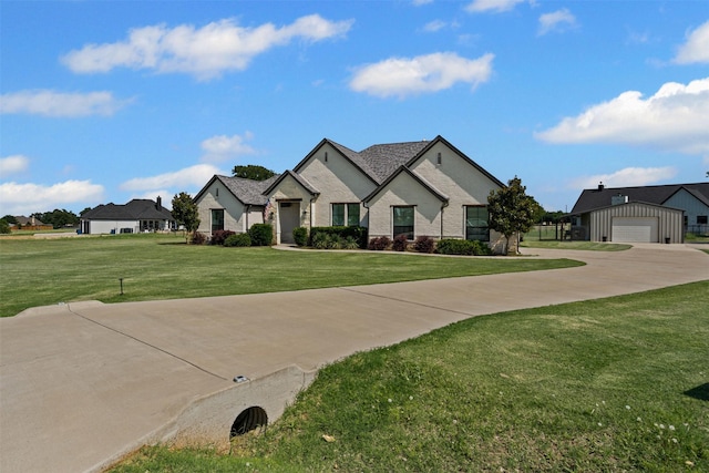 305 Scenic Creek Ct, Reno, TX 76020 - french country style house with brick siding, a front yard, a detached garage, and concrete driveway