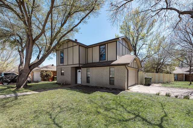 702 Middle Glen Dr, Garland, TX 75043 - rear view of house with a lawn, board and batten siding, brick siding, concrete driveway, and fence
