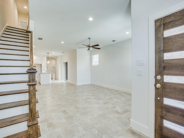 6519 Bowman Roberts Dr, Fort Worth, TX 76179 - entryway with recessed lighting, stairway, visible vents, and ceiling fan