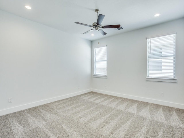 6519 Bowman Roberts Dr, Fort Worth, TX 76179 - unfurnished room featuring visible vents, ceiling fan, baseboards, light carpet, and recessed lighting