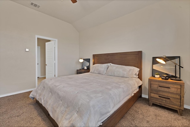 bedroom featuring a ceiling fan, baseboards, visible vents, vaulted ceiling, and carpet flooring