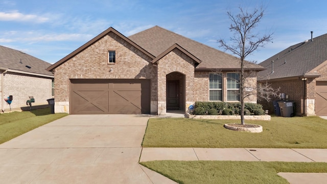 french country inspired facade with brick siding, driveway, a shingled roof, and a front lawn