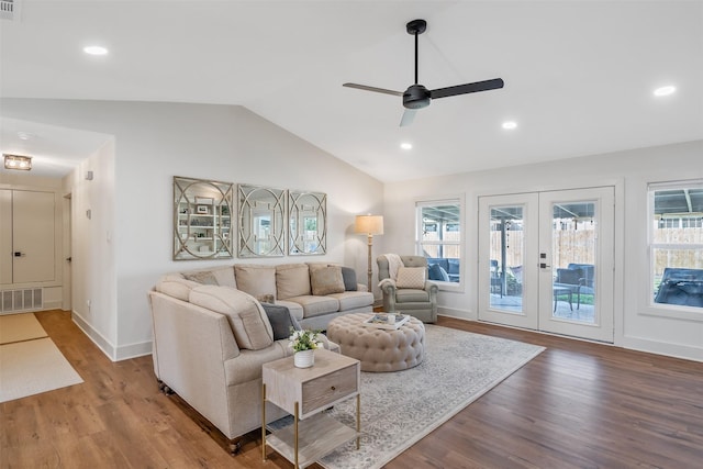 118 Carmel Dr, Bullard, TX 75757 - living area with wood finished floors, a ceiling fan, visible vents, baseboards, and vaulted ceiling