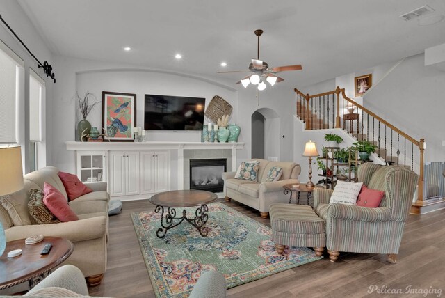 118 Hallette Dr, Shreveport, LA 71115 - living area with wood finished floors, visible vents, a ceiling fan, recessed lighting, and a tiled fireplace
