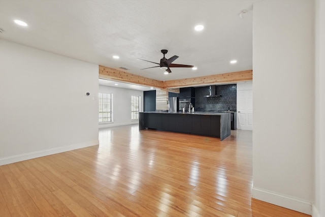 3444 Rockmartin Dr, Farmers Branch, TX 75234 - unfurnished living room with recessed lighting, ceiling fan, light wood-style floors, baseboards, and a sink