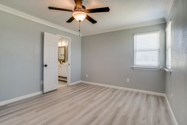 4428 Private Rd Unit 5216, Princeton, TX 75407 - unfurnished bedroom with ensuite bathroom, light wood-style flooring, crown molding, baseboards, and ceiling fan