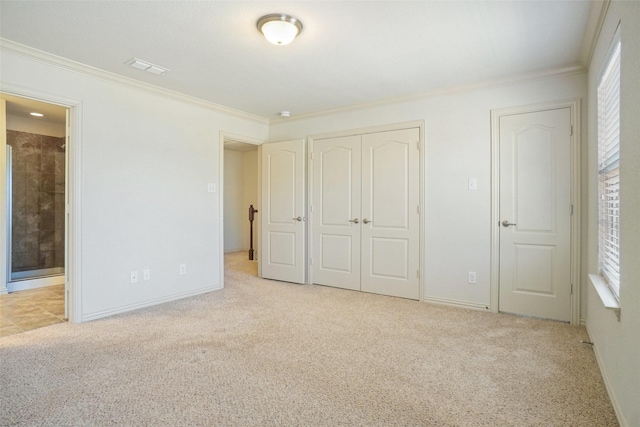 6836 Pascal Way, Fort Worth, TX 76137 - unfurnished bedroom with carpet floors, multiple windows, ornamental molding, and a closet