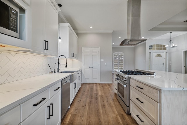 111 Sharla Smelley Rd, Weatherford, TX 76088 - kitchen with appliances with stainless steel finishes, island exhaust hood, a sink, light wood-type flooring, and ornamental molding