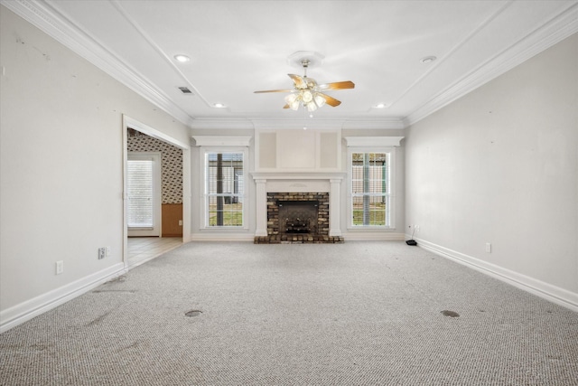 4288 Fm 1652, Grand Saline, TX 75140 - unfurnished living room with carpet flooring, baseboards, a ceiling fan, and ornamental molding