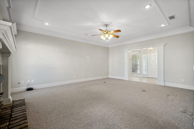 4288 Fm 1652, Grand Saline, TX 75140 - spare room featuring a ceiling fan, crown molding, light colored carpet, and visible vents
