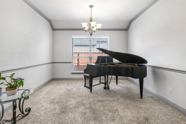 sitting room with crown molding, baseboards, a notable chandelier, and carpet