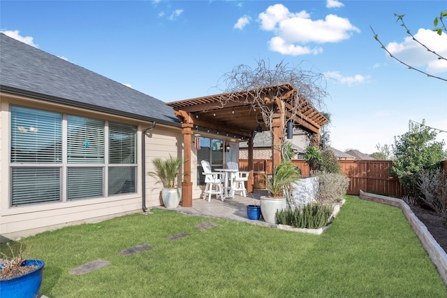 view of yard with a fenced backyard, a patio area, and a pergola