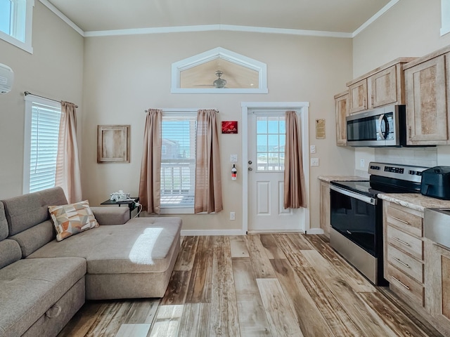 6400 Peninsula Rd, Kerens, TX 75144 - kitchen with crown molding, light wood-style floors, open floor plan, and stainless steel appliances