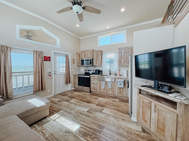 6400 Peninsula Rd, Kerens, TX 75144 - kitchen with light brown cabinetry, stainless steel appliances, crown molding, and ceiling fan