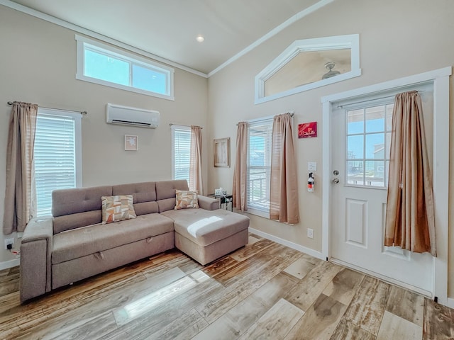 6400 Peninsula Rd, Kerens, TX 75144 - living room featuring light wood finished floors, plenty of natural light, high vaulted ceiling, and a wall unit AC