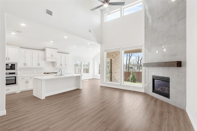 216 Dove Haven Dr, Wylie, TX 75098 - kitchen with open floor plan, healthy amount of natural light, light wood-style floors, a tile fireplace, and recessed lighting