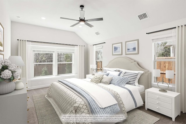216 Dove Haven Dr, Wylie, TX 75098 - bedroom featuring carpet floors, multiple windows, lofted ceiling, and ceiling fan