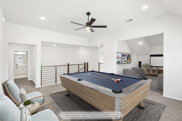 216 Dove Haven Dr, Wylie, TX 75098 - playroom featuring carpet, lofted ceiling, a ceiling fan, pool table, and recessed lighting