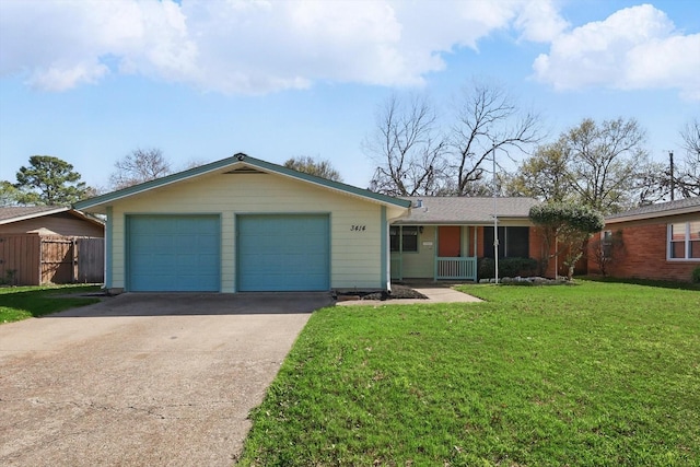 3414 Dartmouth Dr, Irving, TX 75062 - single story home with a front lawn, concrete driveway, fence, and a garage