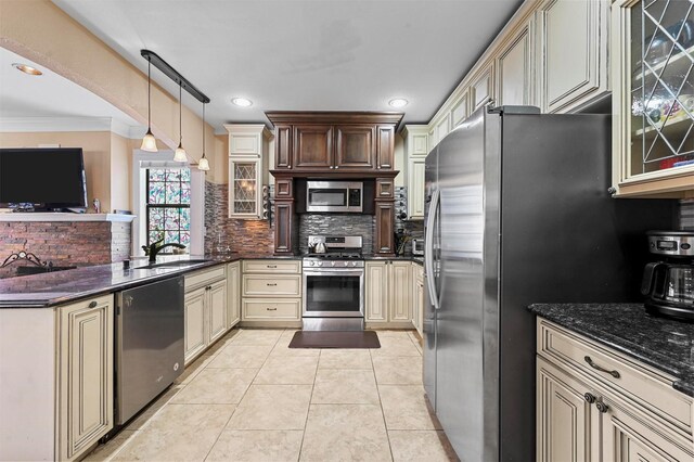 4001 Roswell St, Dallas, TX 75219 - kitchen with appliances with stainless steel finishes, cream cabinets, a sink, backsplash, and ornamental molding