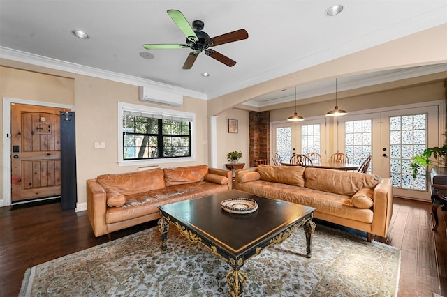 4001 Roswell St, Dallas, TX 75219 - living area featuring a wall mounted air conditioner, dark wood-style floors, ceiling fan, healthy amount of natural light, and recessed lighting