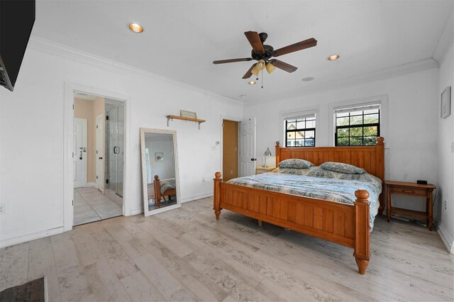 4001 Roswell St, Dallas, TX 75219 - bedroom with crown molding, light wood finished floors, recessed lighting, ceiling fan, and baseboards