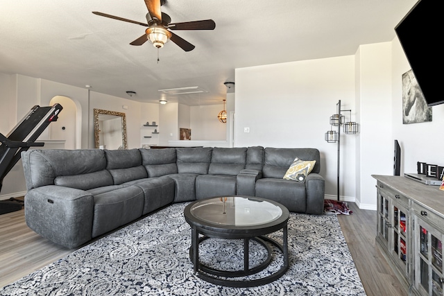 1753 Rio Penasco Rd, Fort Worth, TX 76052 - living area with wood finished floors, a ceiling fan, and attic access