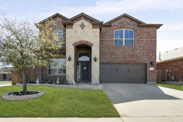 1753 Rio Penasco Rd, Fort Worth, TX 76052 - view of front of home with brick siding, a front yard, an attached garage, concrete driveway, and stone siding