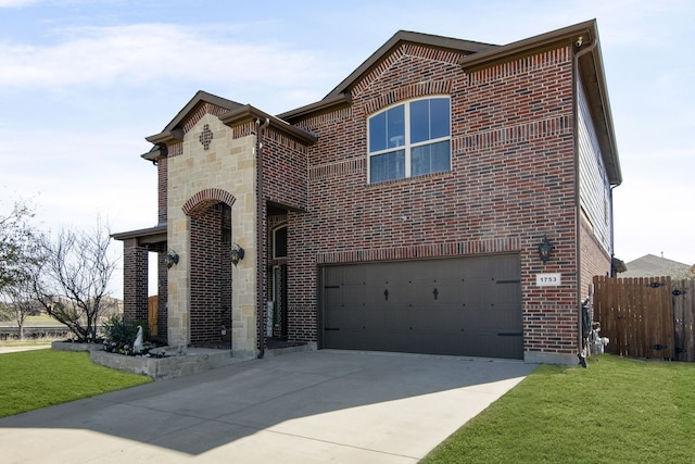 1753 Rio Penasco Rd, Fort Worth, TX 76052 - french country inspired facade with a garage, driveway, brick siding, and stone siding