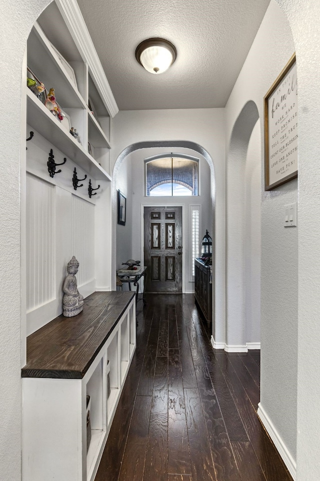 1753 Rio Penasco Rd, Fort Worth, TX 76052 - mudroom with arched walkways, dark wood-style flooring, a textured ceiling, and a textured wall