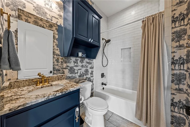 full bath featuring tile patterned floors, toilet, wallpapered walls, shower / bath combination with curtain, and vanity