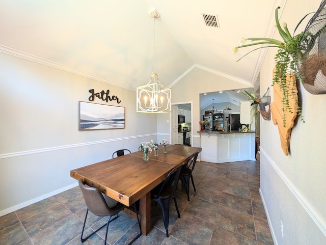 1231 Radisson Dr, Hewitt, TX 76643 - dining space with a chandelier, dark stone finish flooring, lofted ceiling, and crown molding