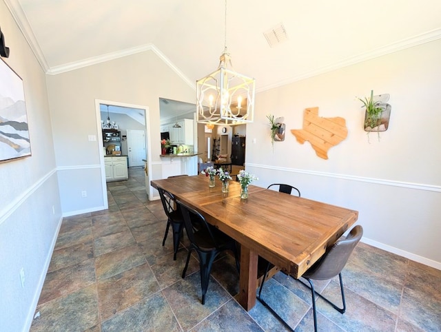 1231 Radisson Dr, Hewitt, TX 76643 - dining space featuring a chandelier, stone finish floors, baseboards, lofted ceiling, and crown molding