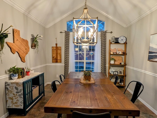 dining space with baseboards, a chandelier, crown molding, and vaulted ceiling