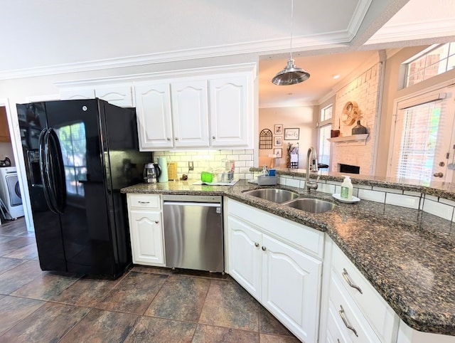 1231 Radisson Dr, Hewitt, TX 76643 - kitchen with black refrigerator with ice dispenser, a sink, crown molding, stainless steel dishwasher, and decorative backsplash