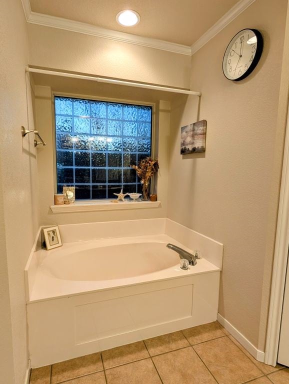 full bathroom with baseboards, a bath, crown molding, and tile patterned flooring