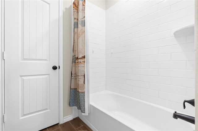 full bathroom featuring wood finish floors and shower / tub combo with curtain