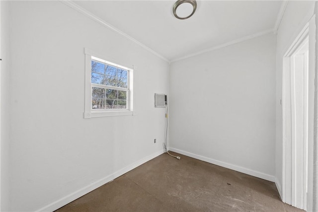 2211 Morrow Ave, Waco, TX 76707 - spare room with ornamental molding, baseboards, concrete flooring, and a wall mounted air conditioner