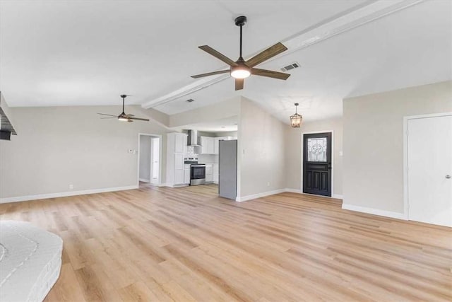 unfurnished living room with baseboards, visible vents, lofted ceiling with beams, light wood-style flooring, and ceiling fan