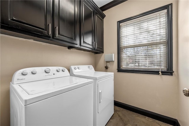 2124 S 4th St, Waco, TX 76706 - clothes washing area with cabinet space, baseboards, tile patterned floors, and washer and dryer