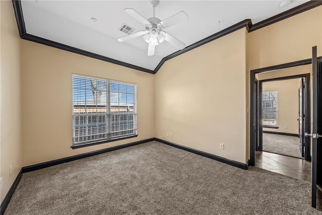 2124 S 4th St, Waco, TX 76706 - carpeted spare room featuring lofted ceiling, a ceiling fan, baseboards, and ornamental molding